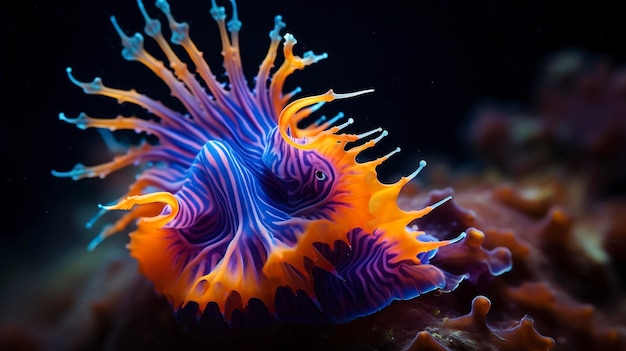 Une photo avec un gros plan hyper détaillé d'une limbe de mer avec ses couleurs vives