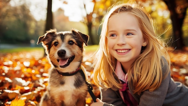 Une photo en gros plan d'une jolie fille et de son chien assis à l'automne dans le parc. Une jolie blonde qui s'amuse.