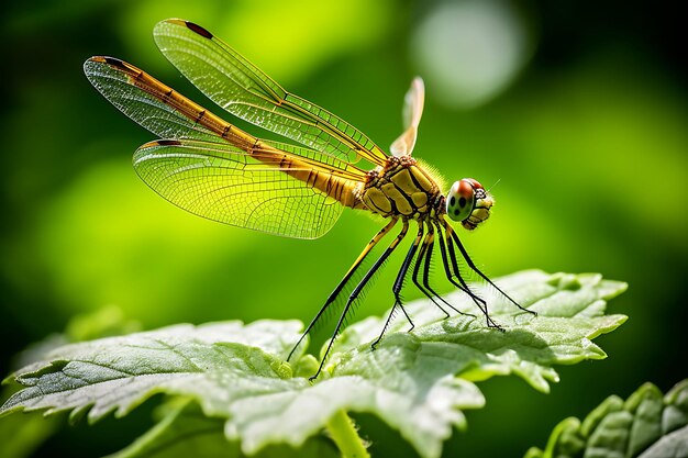 Photo en gros plan d'une libellule perchée sur une feuille