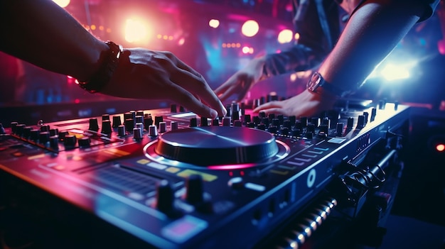 Photo gros plan des mains du dj sur la console de mixage du dj