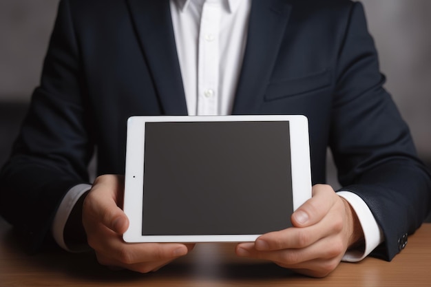 Photo d'un gros plan des mains d'une personne utilisant une tablette avec un écran vide IA générative