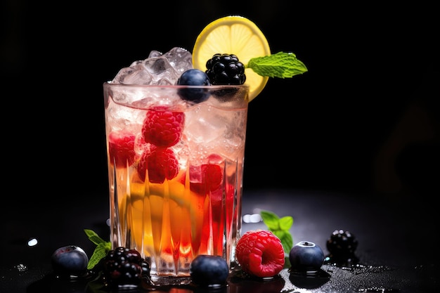 La photo en gros plan met en évidence un cocktail de fruits alcoolisés froids dans un verre avec des baies de citron glacé et