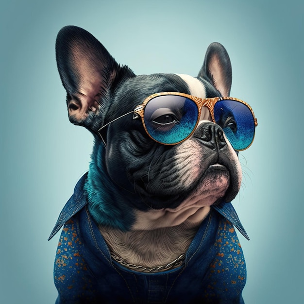 photo en gros plan d'un mignon chien souriant portant des lunettes et des vêtements glamour IA générative