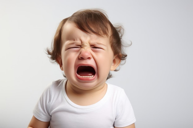 Photo en gros plan d'un mignon petit bébé garçon enfant pleurant et criant isolé sur fond blanc