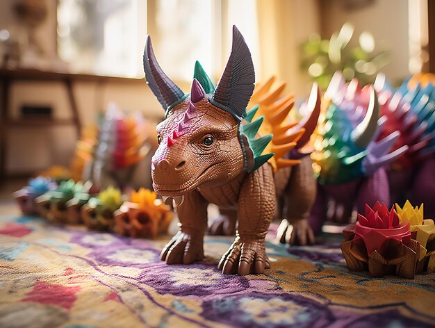 Une photo en gros plan d'un mini jouet de Triceratops en plastique