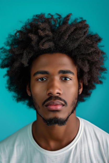 Une photo en gros plan montrant une coiffure afro texturée d'un jeune homme sur un fond bleu