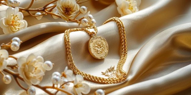 Cette photo en gros plan montre un collier de chaîne dorée placé sur un tissu. Les détails complexes du collier et la texture du tissu sont clairement visibles.