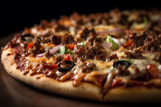 Une photo en gros plan d'une part de pizza avec des garnitures dynamiques et appétissantes