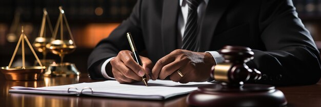 Photo en gros plan d'une personne écrivant dans un livre avec un marteau sur la table