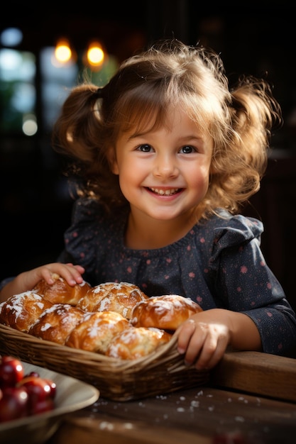Une photo en gros plan d'une petite fille mangeant de la confiture et du pain avec une serviette