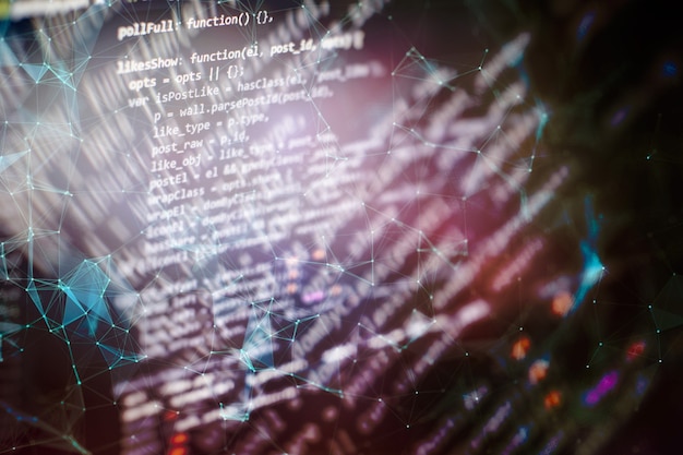 Photo gros plan pour ordinateur portable. Utilisation de CSS, JavaScript et HTML. Surveiller le gros plan du code source de la fonction. Contexte abstrait de la technologie informatique. Code source du logiciel.