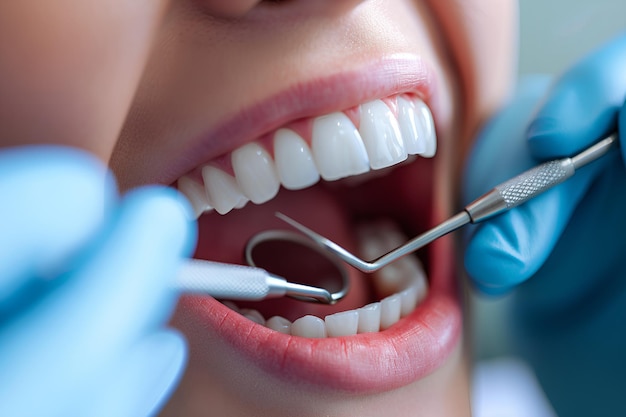 Une photo en gros plan représentant un dentiste examinant les dents d'un patient à l'aide d'un miroir dentaire
