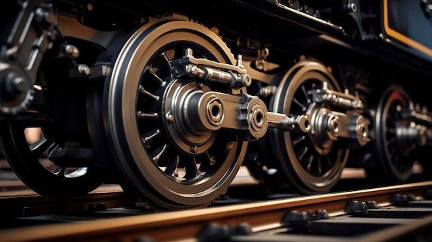 Une photo avec un gros plan des roues du train et des disques de freinage