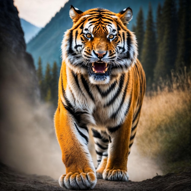 photo d'un gros tigre courant dans la forêt IA générative