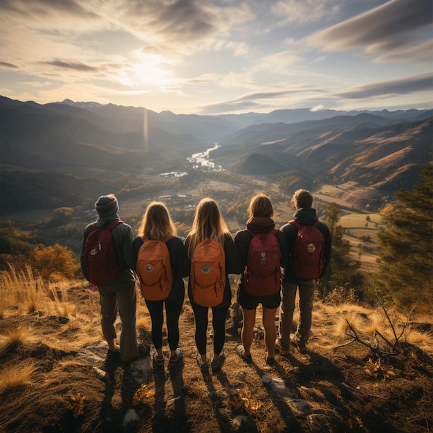 photo d'un groupe d'adolescents s'embrassant sur fond de montagne