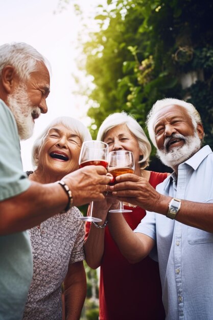 Une photo d'un groupe d'aînés prenant des boissons ensemble à l'extérieur