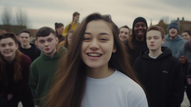 Photo photo d'un groupe d'amis adolescents avec une fille au premier plan