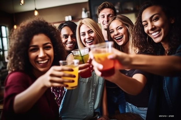 Photo d'un groupe d'amis avec leurs boissons soulevées lors d'une fête créée avec une IA générative