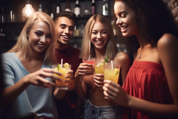 Une photo d'un groupe d'amis prenant des cocktails lors d'une fête créée avec l'IA générative