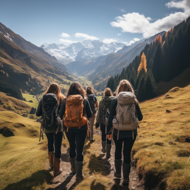 Photo d'un groupe d'amis de retour de randonnée dans les montagnes avec des sacs à dos IA générative