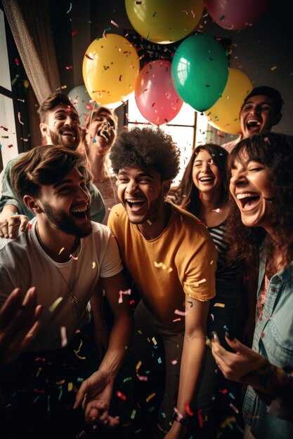 Une photo d'un groupe d'amis s'amusant à une fête créée avec l'IA générative