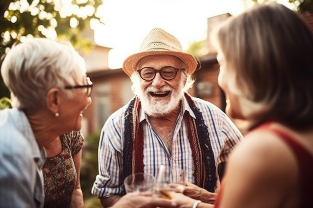 Une photo d'un groupe d'amis seniors passant du temps ensemble à l'extérieur créée avec l'IA générative