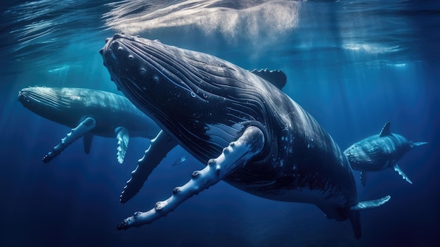 Une photo d'un groupe de baleines à bosse en pleine mer