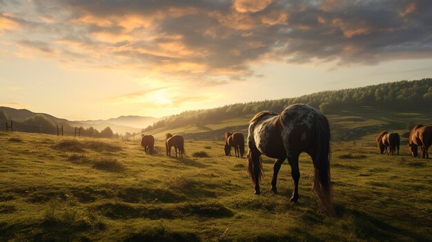 Une photo d'un groupe de chevaux qui paissent dans une prairie