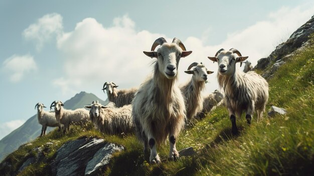 Une photo d'un groupe de chèvres qui paissent sur une colline