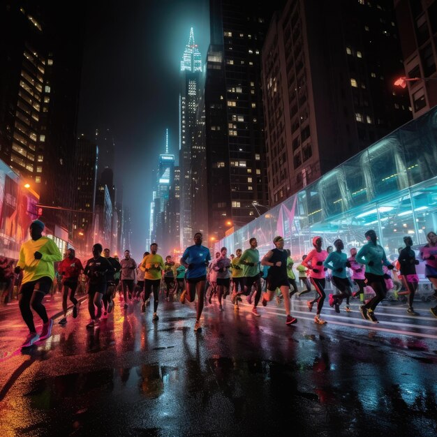 Photo photo d'un groupe de coureurs faisant du jogging dans les rues de la ville la nuit