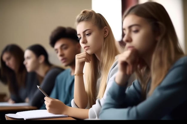 Photo d'un groupe d'étudiants prenant des notes lors d'une conférence universitaire créée avec l'IA générative