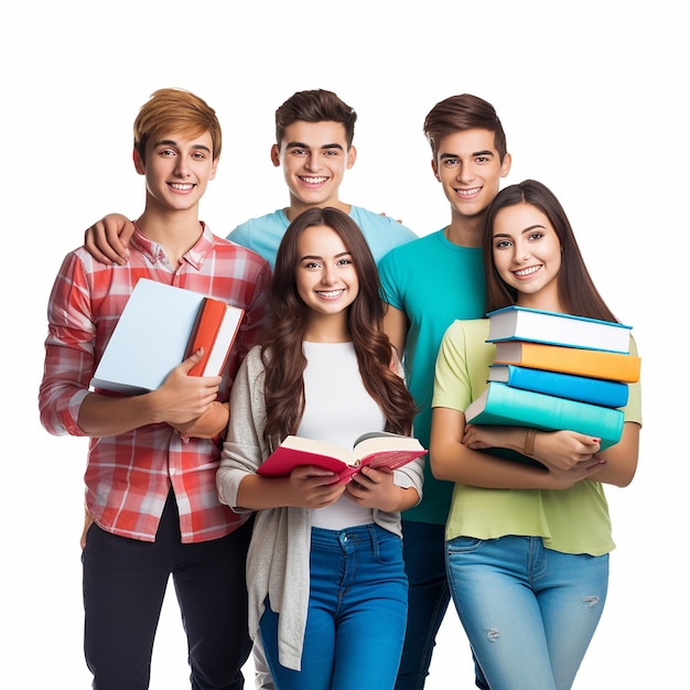 Photo d'un groupe d'étudiants universitaires, d'élèves scolaires, d'amis avec des objets éducatifs