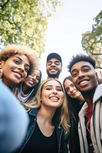 Photo d'un groupe d'étudiants universitaires prenant des selfies ensemble sur le campus