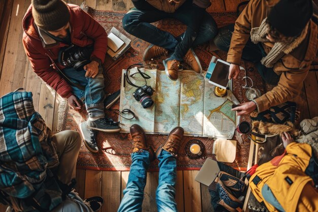 Photo la photo d'un groupe d'humains caucasiens regardant la carte du monde aigx