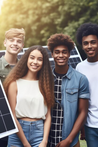 Une photo d'un groupe de jeunes tenant des panneaux solaires créés avec l'IA générative