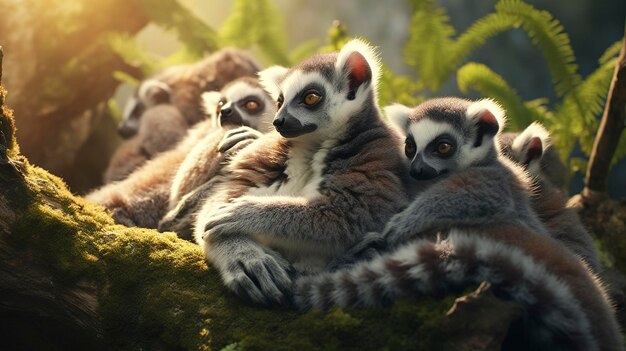 Une photo d'un groupe de lémuriens qui se relâchent dans les arbres.