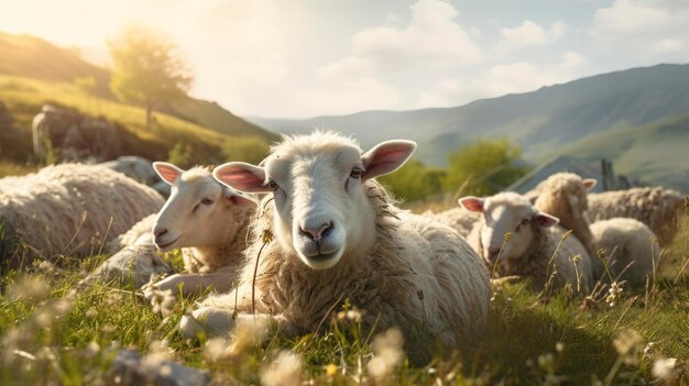 Une photo d'un groupe de moutons se reposant paisiblement dans un pâturage