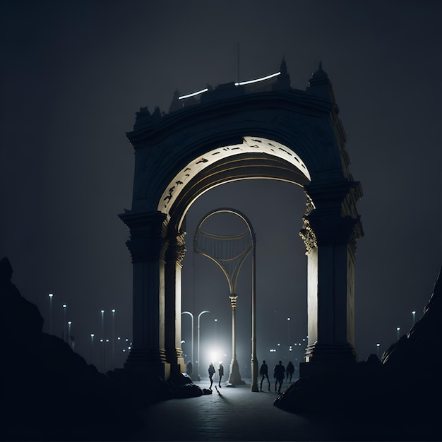 Photo d'un groupe de personnes debout sous une arche la nuit