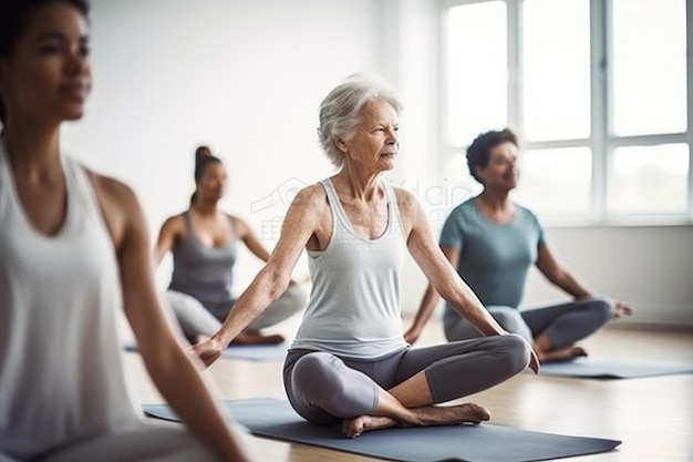 Photo d'un groupe de personnes faisant du yoga dans un studio créé avec une IA générative