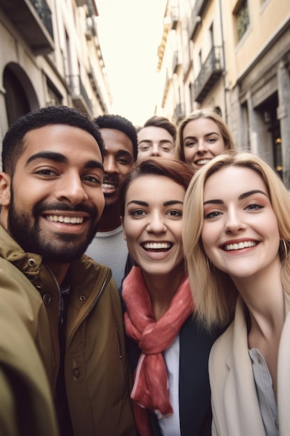 Photo d'un groupe de personnes prenant un selfie tout en se tenant à l'extérieur créé avec une IA générative