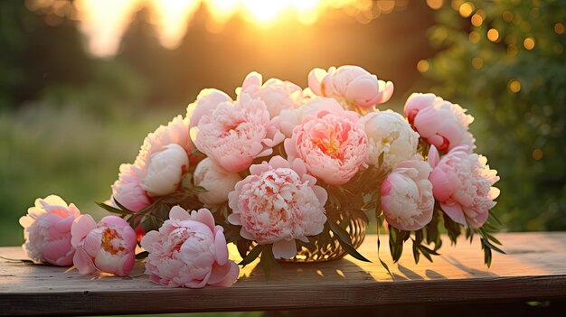 Une photo d'un groupe de pivoines en toile de fond de table en bois rustique