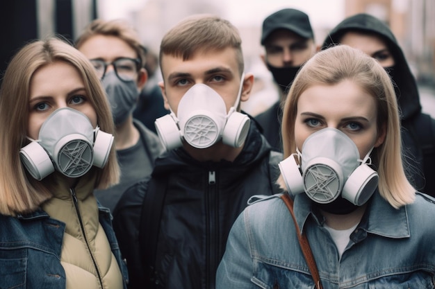 Photo d'un groupe portant des masques anti-pollution protestant contre le réchauffement climatique créé avec l'IA générative