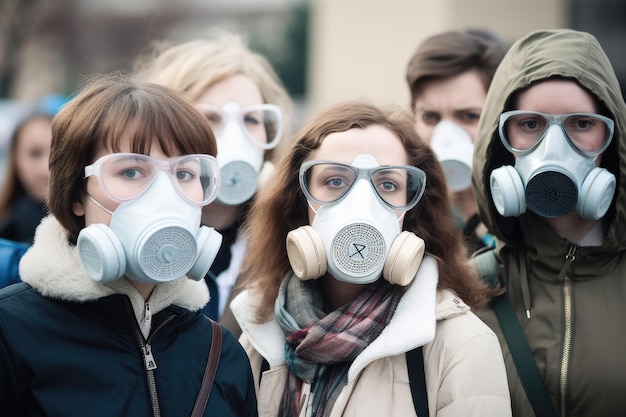 Photo d'un groupe portant des masques anti-pollution protestant contre le réchauffement climatique créé avec l'IA générative