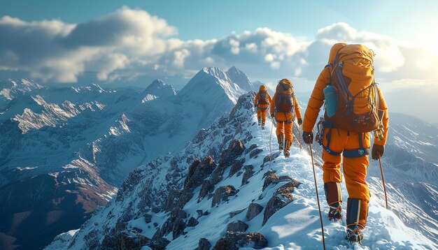 Photo photo d'un groupe de randonneurs marchant sur une montagne au coucher du soleil de belles montagnes avec de la neige sport actif