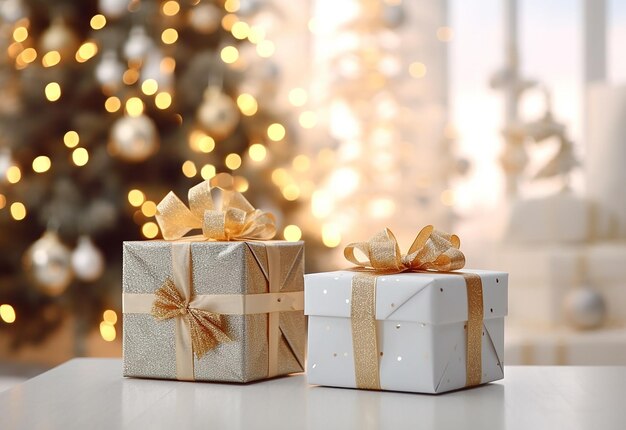 Photo de guirlandes de Noël fond de Noël et décorations de sapin avec cadeau rouge et or