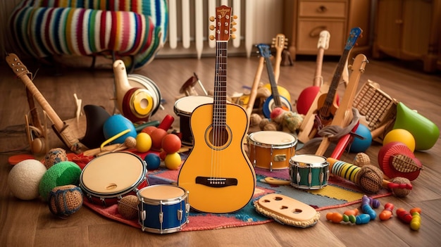 Une photo d'une guitare jouet musicale avec des cordes et des médiators