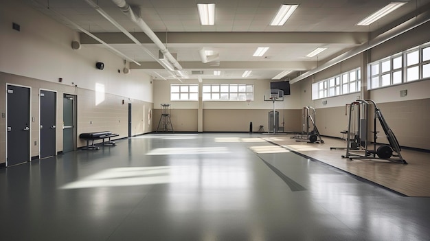 Une photo d'un gymnase scolaire avec des équipements sportifs et des outils de remise en forme