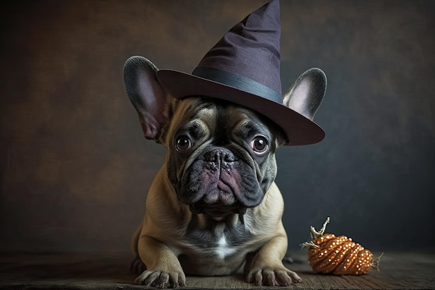 Photo d'Halloween d'un bouledogue français portant un chapeau