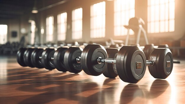 Une photo d'haltères sur le sol d'un gymnase