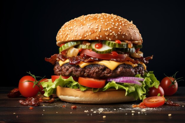 Photo photo d'un hamburger américain à l'eau à la bouche avec tous les accessoires sur un comptoir blanc impeccable gen